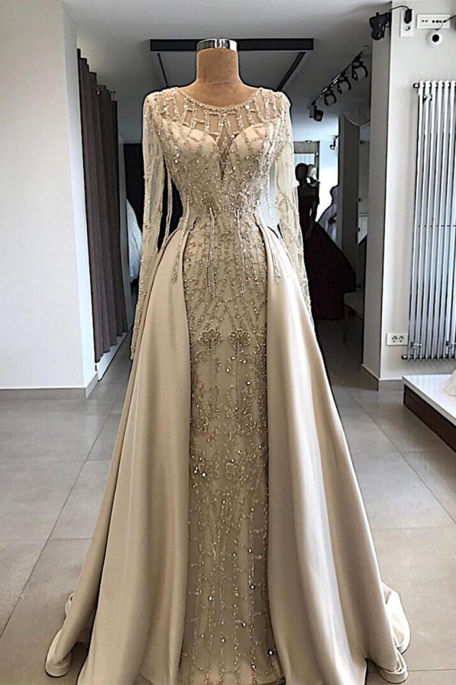 Shining Beaded Long Sleevess Round Neck Prom Dresses With Over Skirt A Line Evening Gowns
