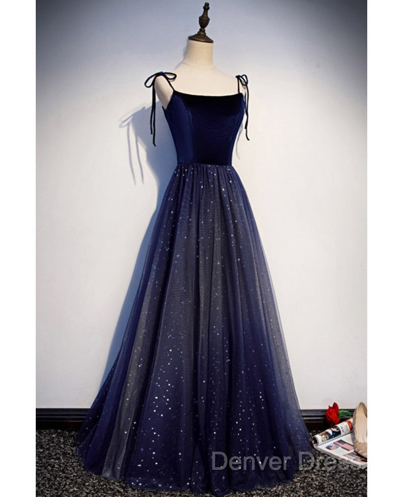 Shining Navy Blue Suede Fine Shoulder Strap Sleeveless Off Shoulder Evening Dresses With Navy Blue A-Line Princess Sequin Backless And Ground Length Ruffled Edge For Evening Dresses Secondary image