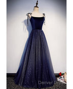 Shining Navy Blue Suede Fine Shoulder Strap Sleeveless Off Shoulder Evening Dresses With Navy Blue A-Line Princess Sequin Backless And Ground Length Ruffled Edge For Evening Dresses