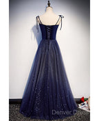 Shining Navy Blue Suede Fine Shoulder Strap Sleeveless Off Shoulder Evening Dresses With Navy Blue A-Line Princess Sequin Backless And Ground Length Ruffled Edge For Evening Dresses