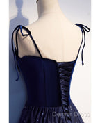 Shining Navy Blue Suede Fine Shoulder Strap Sleeveless Off Shoulder Prom Dress With Navy Blue A Line Princess Sequin Backless And Ground Length Ruffled Edge For Prom Dresses
