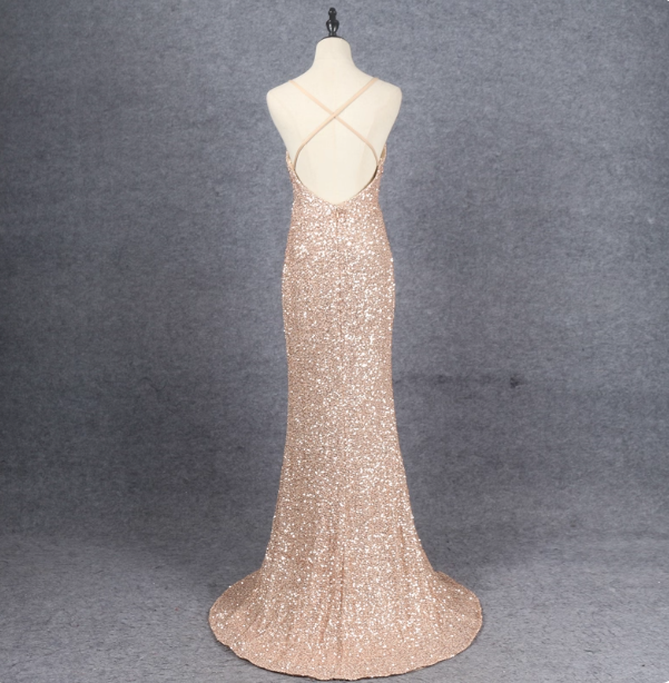 Shining Rose Gold Mermaid Spaghetti Strap V-Neck Slit Sequin Long Prom Dresses Evening Dresses Secondary image