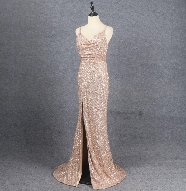 Shining Rose Gold Mermaid Spaghetti Strap V-Neck Slit Sequin Long Prom Dresses Evening Dresses