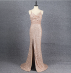 Shining Rose Gold Mermaid Spaghetti Strap V-Neck Slit Sequin Long Prom Dresses Evening Dresses