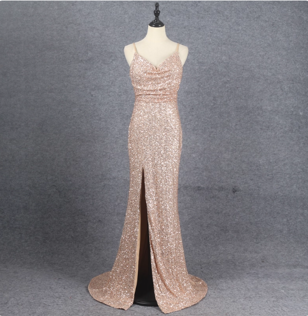 Shining Rose Gold Mermaid Spaghetti Strap V-Neck Slit Sequin Long Prom Dresses Evening Dresses