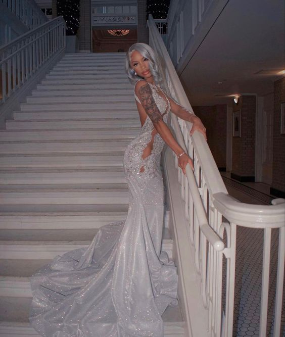Shining Silver Mermaid Long Sleeves Prom Dresses