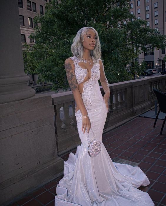 Shining Silver Mermaid Long Sleeves Prom Dresses