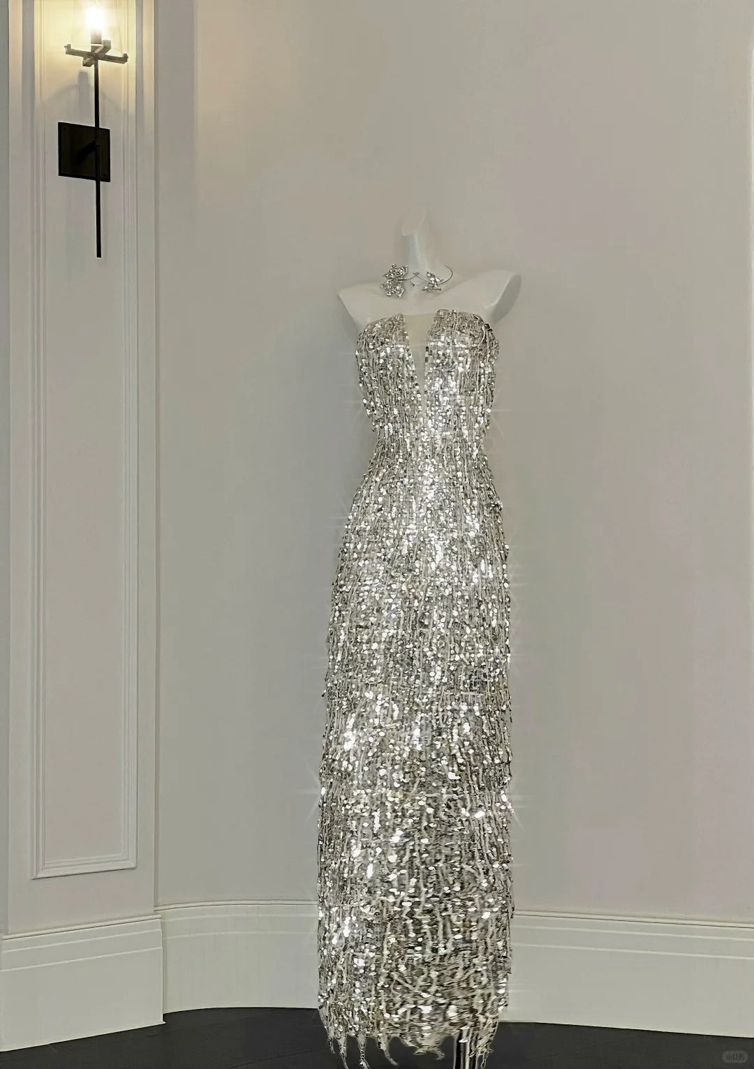 Shining Silver-White Slim-Fit Tube Top Sequined Tassel Long Prom Dresses Evening Dresses