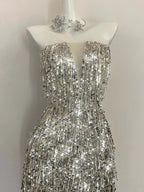 Shining Silver-White Slim-Fit Tube Top Sequined Tassel Long Prom Dresses Evening Dresses