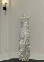 Shining Silver-White Slim-Fit Tube Top Sequined Tassel Long Prom Dresses Evening Dresses