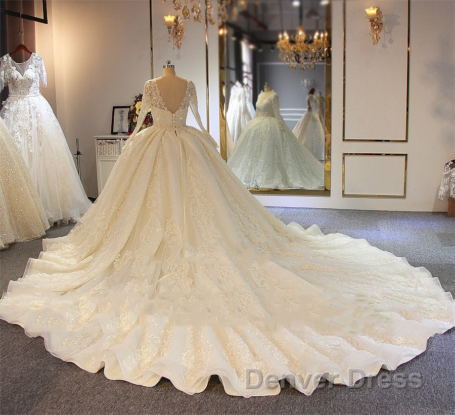 Shinny Long A Line Full Beading Lace Up Wedding Dresses with Sleeves