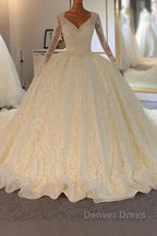 Shinny Long A-line Full Beading Lace-Up Wedding Dresses with Sleeves