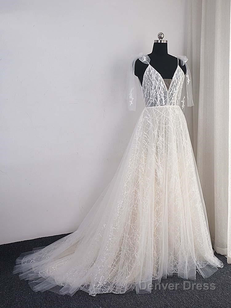 Shinny Long A Line V Neck Backless Sequins Wedding Dresses