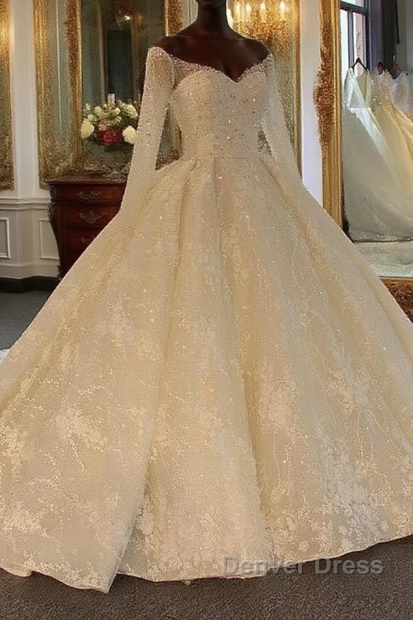Shinny Long Ball Gowns Sweetheart Tulle Lace Wedding Dresses with Sleeves