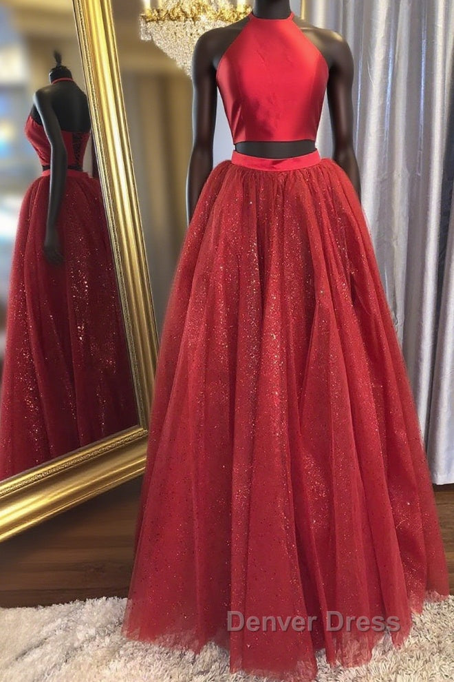 Shiny 2 Pieces Halter Neck Red Long Prom Dress, Two Pieces Red Prom Graduation Prom Dresses Main image