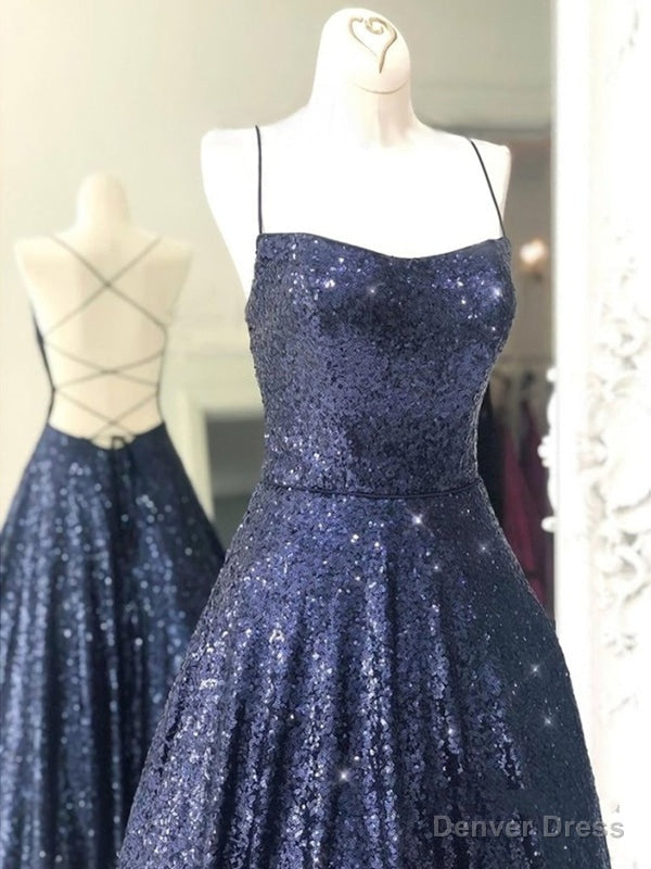 Shiny A Line Open Back Navy Blue Long Prom Dresses Secondary image
