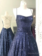 Shiny A Line Open Back Navy Blue Long Prom Dresses