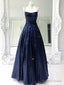 Shiny A Line Open Back Navy Blue Long Prom Dresses