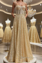 Shiny A Line Spaghetti Straps Gold Prom Dress Long, Sweetheart Neck Golden Prom Dress, Gold Tulle Prom Dresses WT1856