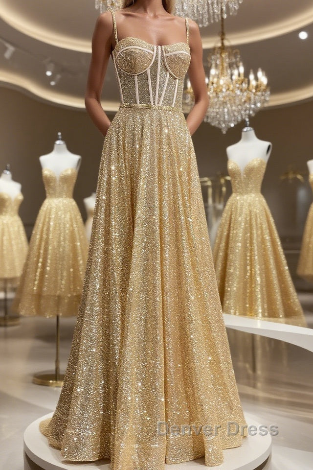 Shiny A Line Spaghetti Straps Gold Prom Dress Long, Sweetheart Neck Golden Prom Dress, Gold Tulle Prom Dresses WT1856