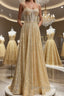 Shiny A Line Spaghetti Straps Gold Prom Dress Long, Sweetheart Neck Golden Prom Dress, Gold Tulle Prom Dresses WT1856