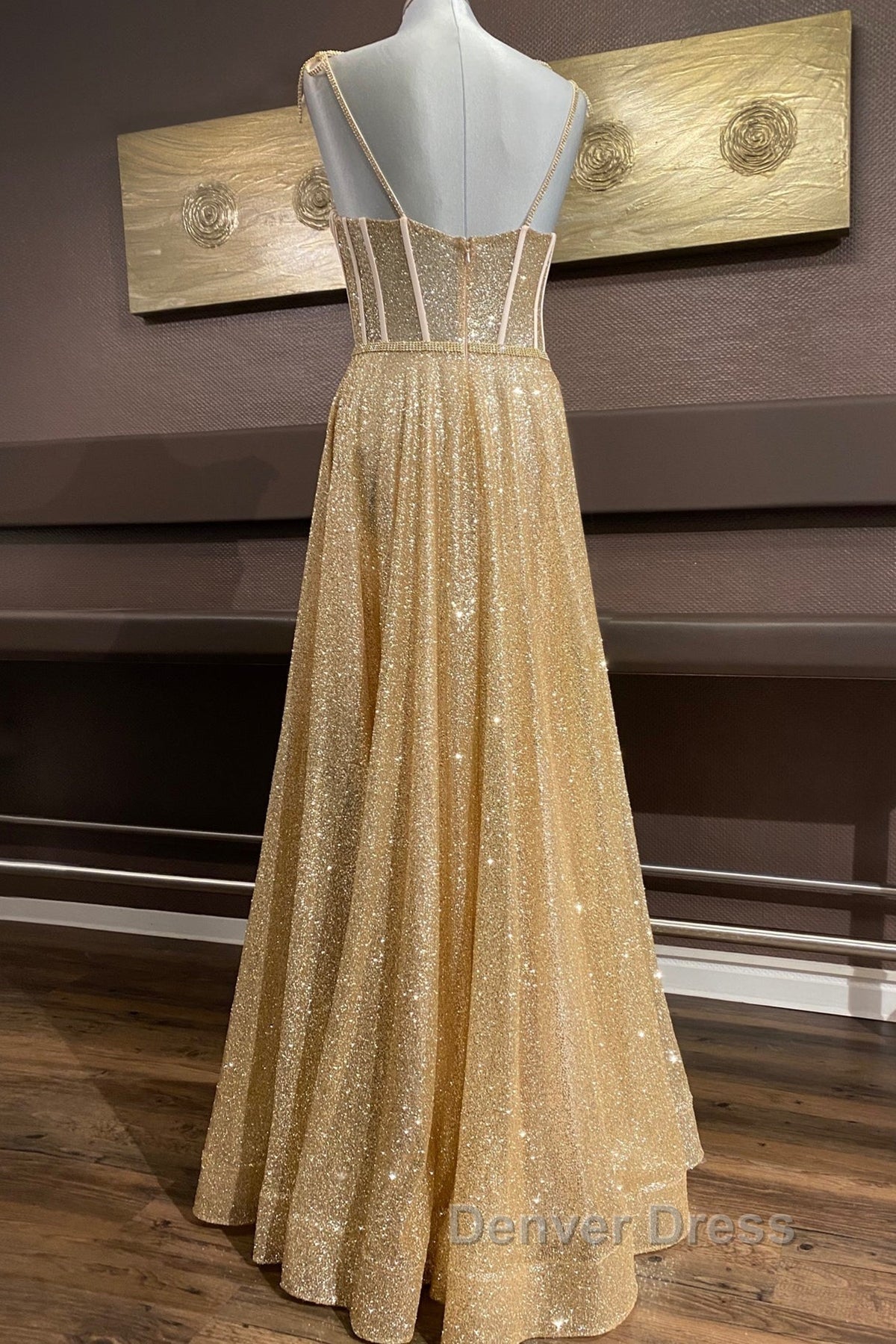 Shiny A Line Spaghetti Straps Gold Prom Dress Long, Sweetheart Neck Golden Prom Dress, Gold Tulle Prom Dresses WT1856 Secondary image