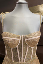 Shiny A Line Spaghetti Straps Gold Prom Dress Long, Sweetheart Neck Golden Prom Dress, Gold Tulle Prom Dresses WT1856