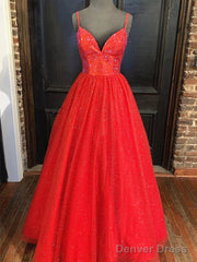 Shiny A Line V Neck Black Red Long Prom Dresses, V Neck Backless Long Formal Evening Dresses