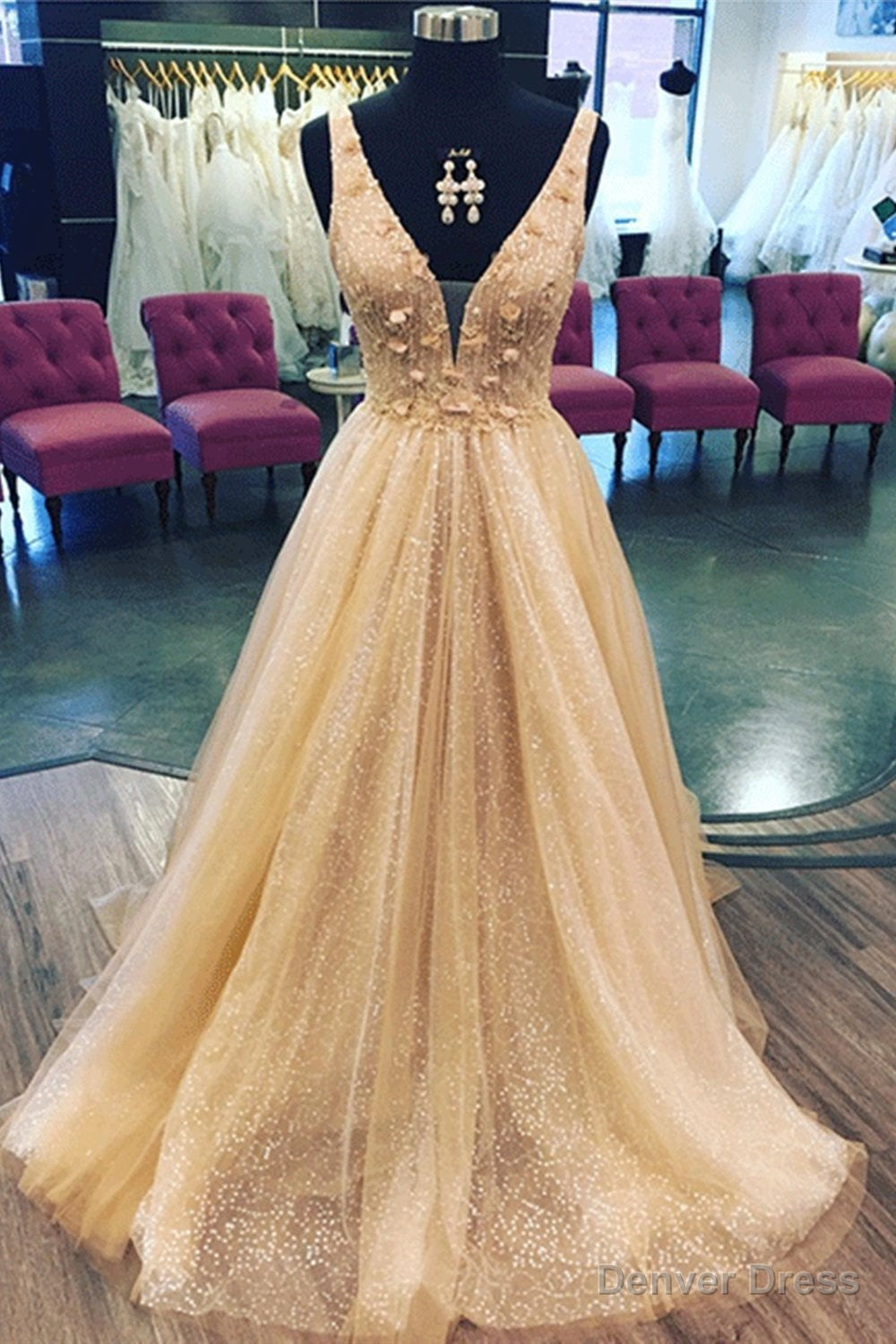 Shiny A Line V Neck Champagne Floral Sequin Long Tulle Prom Dress,Wedding Party Dresses Main image