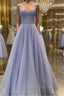 Shiny A Line V Neck Purple Lace Prom Dress, A Line V Neck Purple Lace Prom Dresses