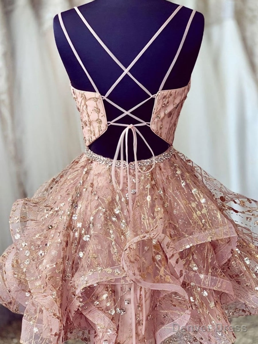 Shiny A Line V Neck Short Champagne Lace Prom Dresses, Short Champagne Lace Formal Homecoming Cocktail Dresses Secondary image