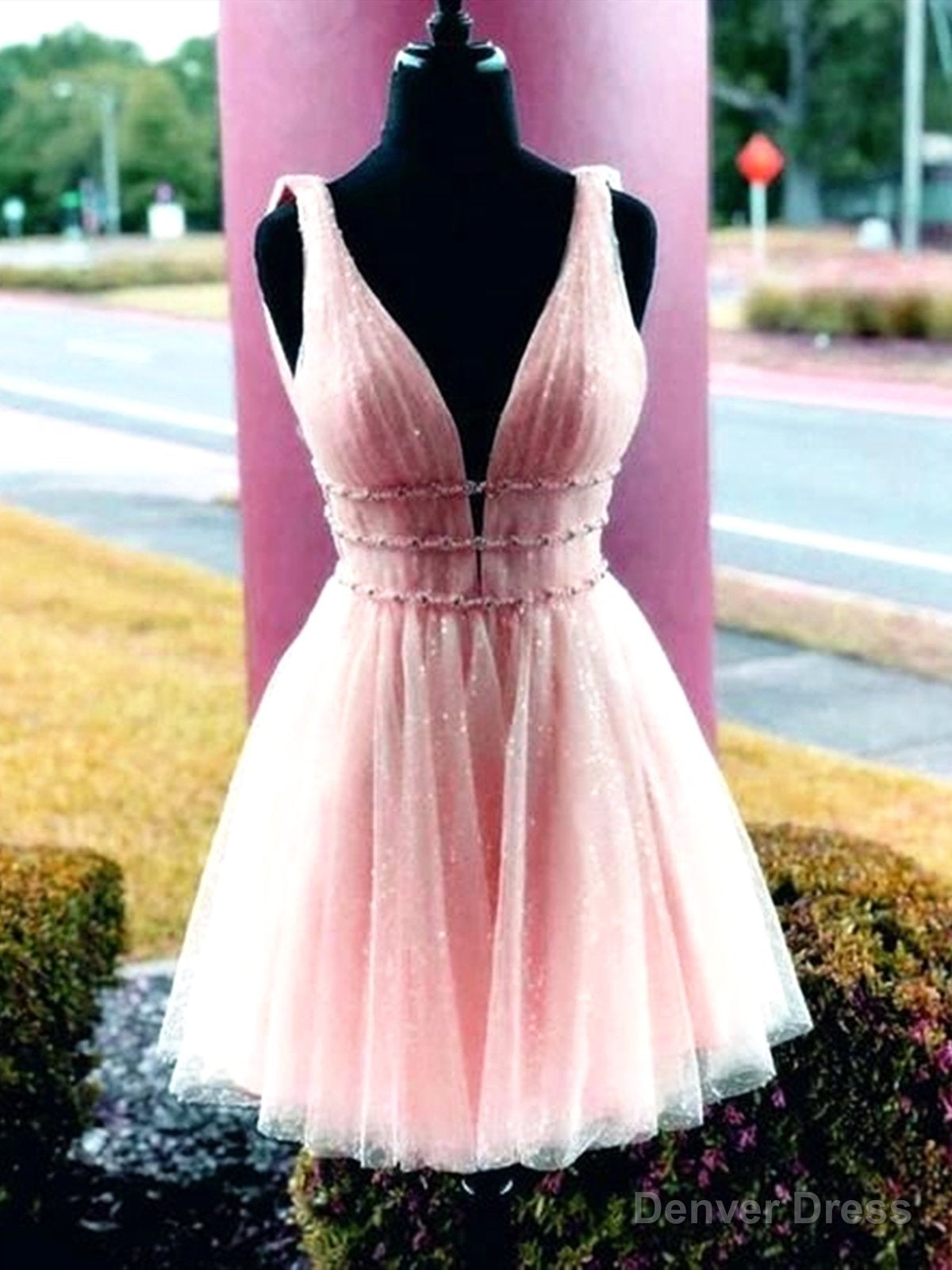 Shiny A Line V Neck Short Pink Prom Dresses, Shiny Short Pink Formal Homecoming Dresses Main image