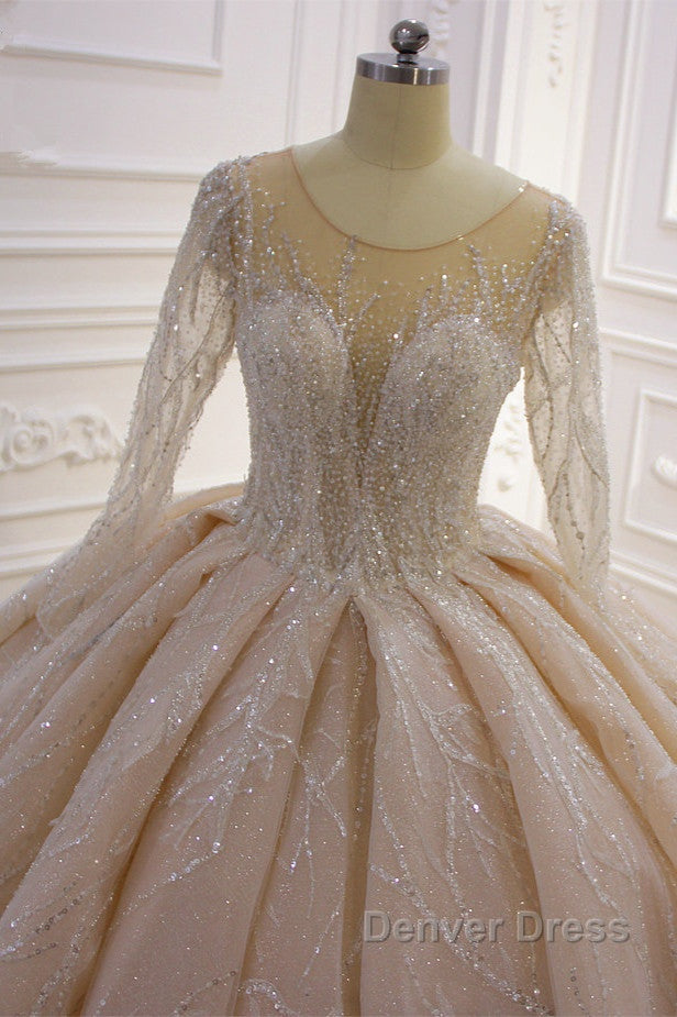 Shiny Ball Gowns Tulle Jewel Long Sleevess Ruffless Wedding Dresses