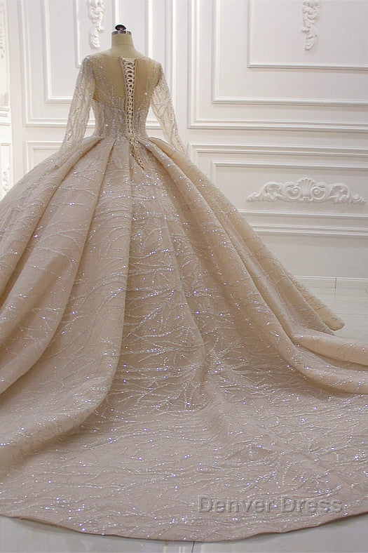 Shiny Ball Gowns Tulle Jewel Long Sleevess Ruffless Wedding Dresses