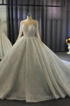 Shiny Ball Gown Tulle Jewel Long Sleevess Ruffless Wedding Dresses