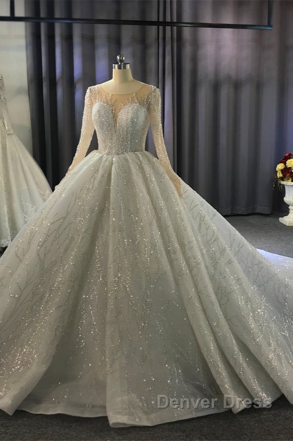 Shiny Ball Gown Tulle Jewel Long Sleevess Ruffless Wedding Dresses