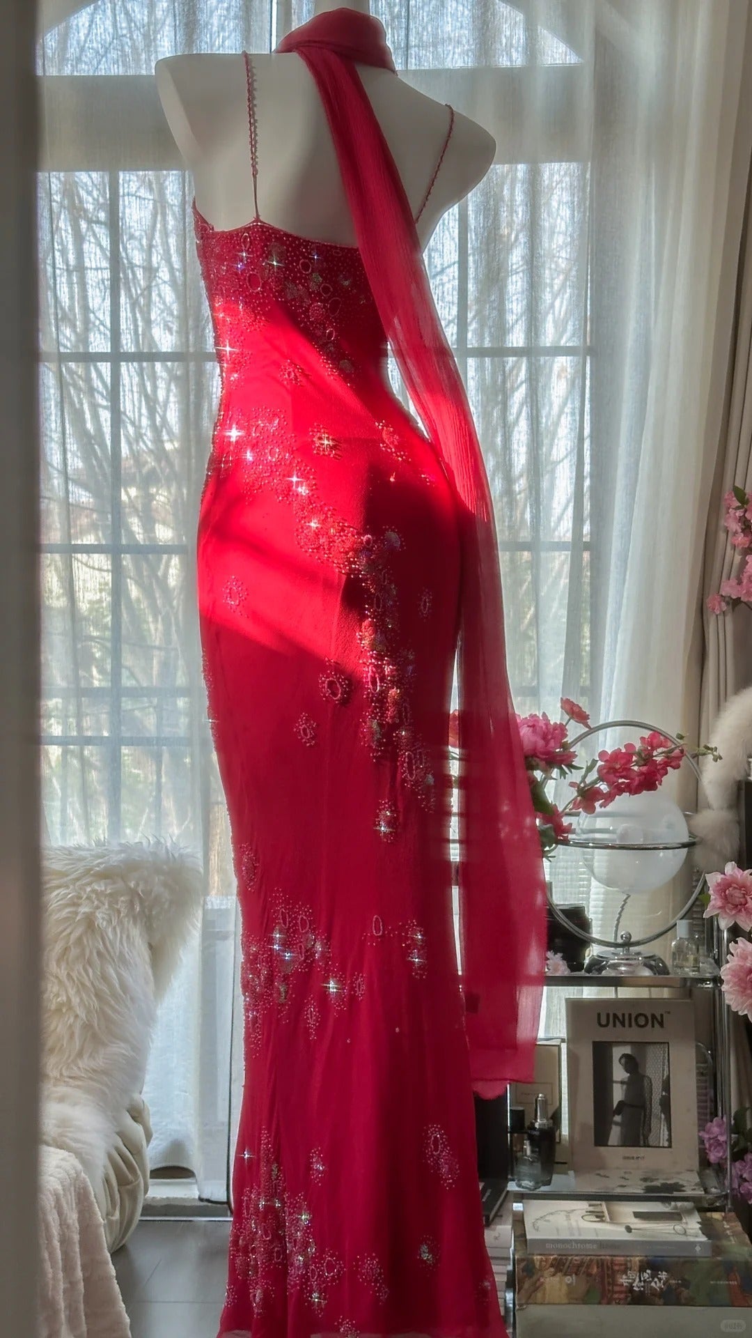Shiny Beaded Red Mermaid Chiffon Evening Gown Prom Dress
