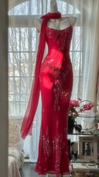 Shiny Beaded Red Mermaid Chiffon Evening Gown Prom Dress