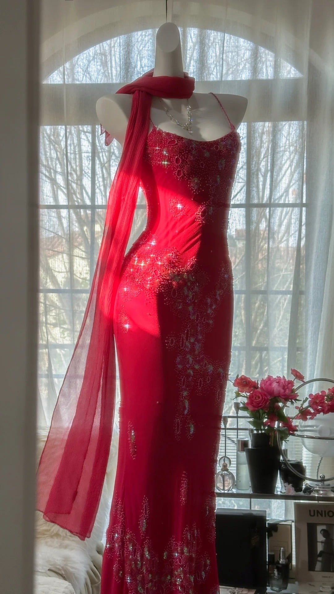 Shiny Beaded Red Mermaid Chiffon Evening Gown Prom Dress