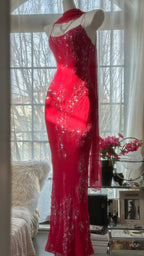 Shiny Beaded Red Mermaid Chiffon Evening Gown Prom Dress