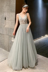 Shiny Beaded V Back Tulle Long Prom Dress , Charming Tulle Party Dresses