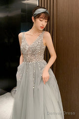 Shiny Beaded V Back Tulle Long Prom Dress , Charming Tulle Party Dresses