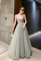 Shiny Beaded V Back Tulle Long Prom Dress , Charming Tulle Party Dresses