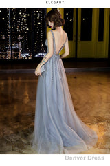 Shiny Beaded V-Neckline Grey Long Low Back Floor Length Party Dress, Grey Evening Dress Prom Dresses