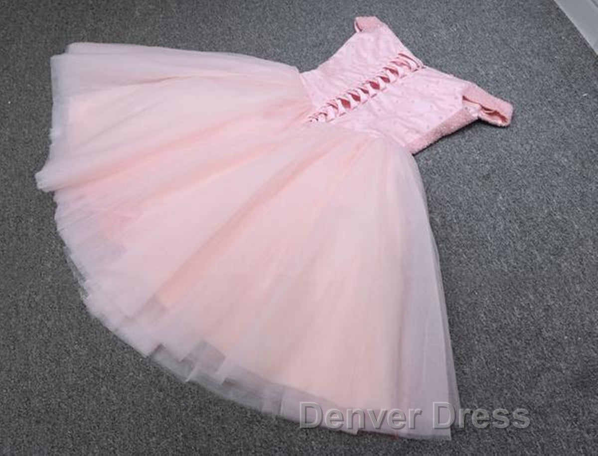 Shiny Beadings Off the Shoulder Pink Short Homecoming Prom Dress, Off Shoulder Pink Beaded Prom Graduation Prom Dresses Secondary image