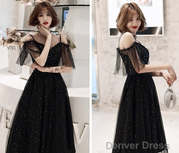 Shiny Black Off Shoulder Tea Length Prom Dress Prom Dress, Black Homecoming Dresses Secondary image