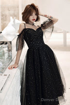 Shiny Black Off Shoulder Tea Length Prom Dress Prom Dress, Black Homecoming Dresses