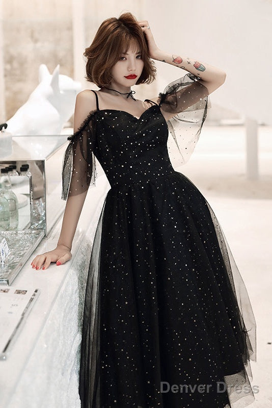Shiny Black Off Shoulder Tea Length Prom Dress Prom Dress, Black Homecoming Dresses