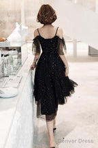 Shiny Black Off Shoulder Tea Length Prom Dress Prom Dress, Black Homecoming Dresses