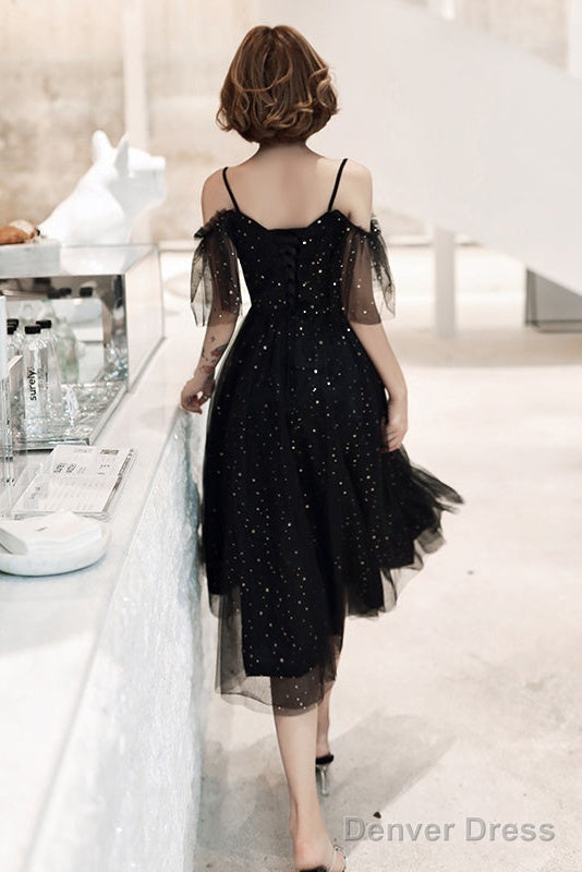 Shiny Black Off Shoulder Tea Length Prom Dress Prom Dress, Black Homecoming Dresses